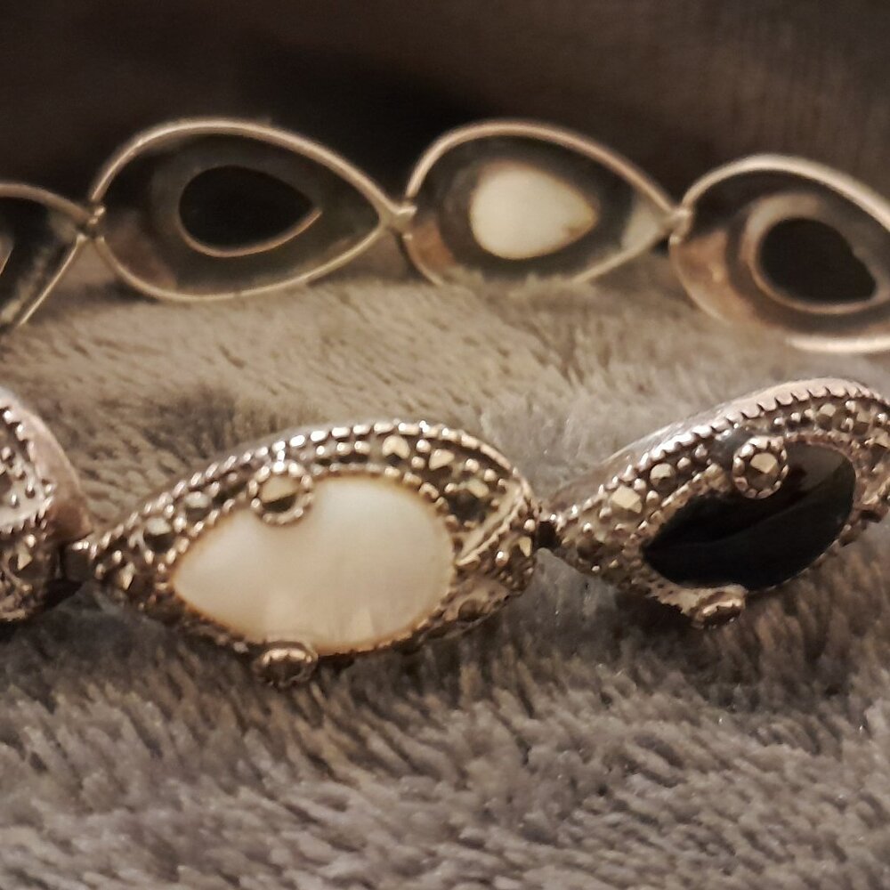 Sterling Silver, Marcasite, Pearl, and Onyx Bracelet